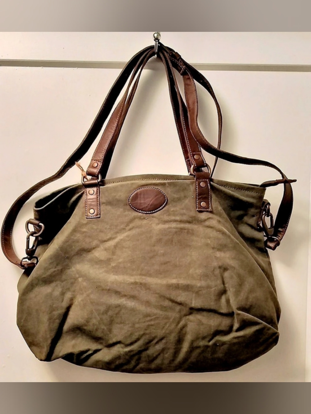 Clea Ray Tote Bag in Olive Green Canvas With Brown Leather